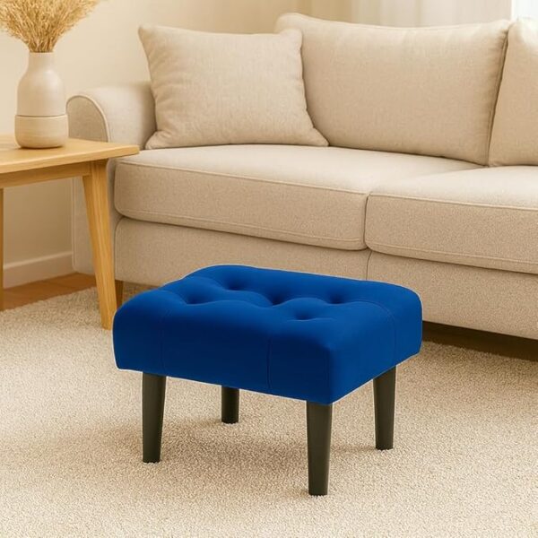 Small Footstool Ottoman, Velvet Soft Footrest Ottoman with Wood Legs? Sofa Footrest Extra Seating for Living Room Entryway Office - Blue