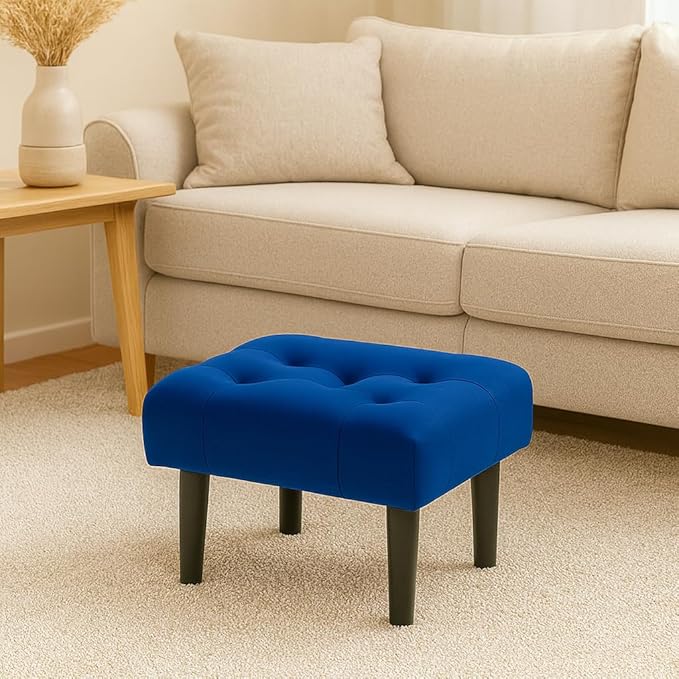Small Footstool Ottoman, Velvet Soft Footrest Ottoman with Wood Legs? Sofa Footrest Extra Seating for Living Room Entryway Office - Blue
