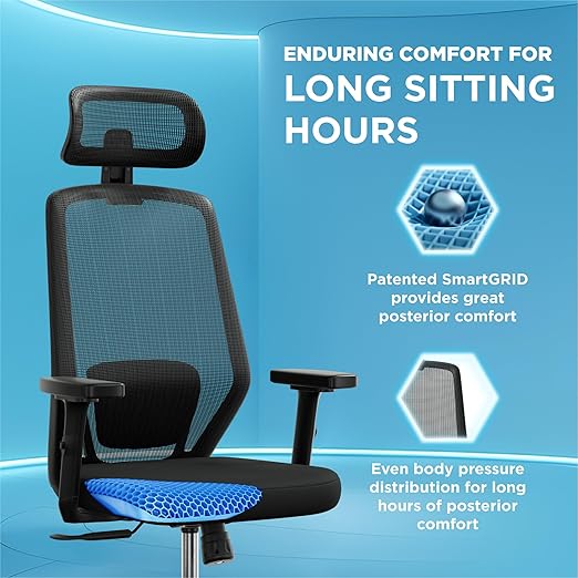 The Sleep Company Uno Office Chair | Patented SmartGrid Technology | Ergonomic Office Chair with Headrest and Adjustable Lumbar Support for Long Sitting Hours | Home & Office Chair for Work | Gray