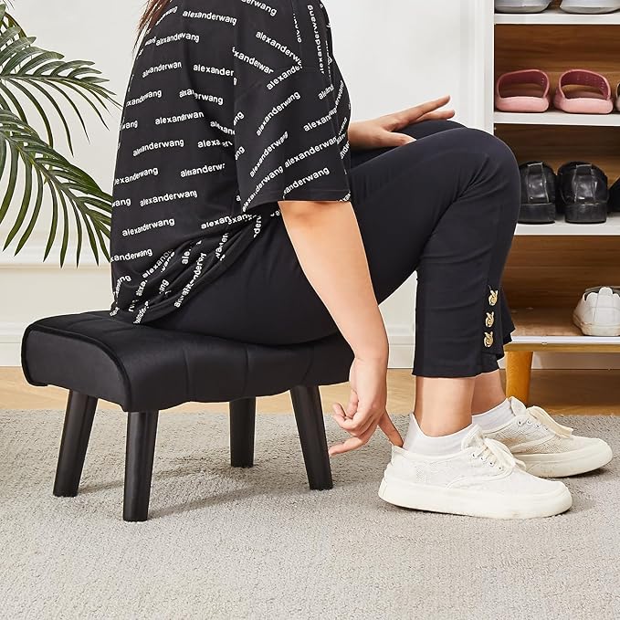 Modern Ottoman Footrest Stool, Quilted Velvet Upholstery, Black Wooden Legs, Living Room Furniture (Black, Pack of 1, Rectangular)