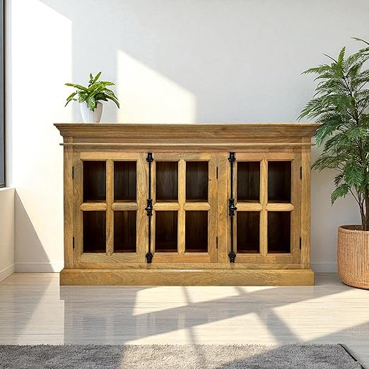 The Attic Oregon 3 Door Sideboard, Multipurpose Cabinet for Kitchen and Living Room Storage, Classy Sideboard, Solid Mango Wood, Natural Matte Finish