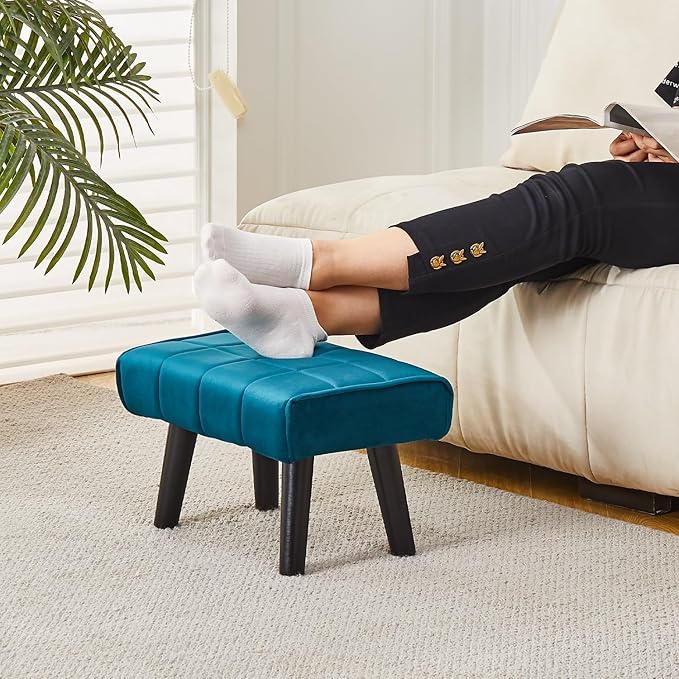 Modern Ottoman Footrest Stool, Quilted Velvet Upholstery, Black Wooden Legs, Living Room Furniture (Blue, Pack of 1, Rectangular)
