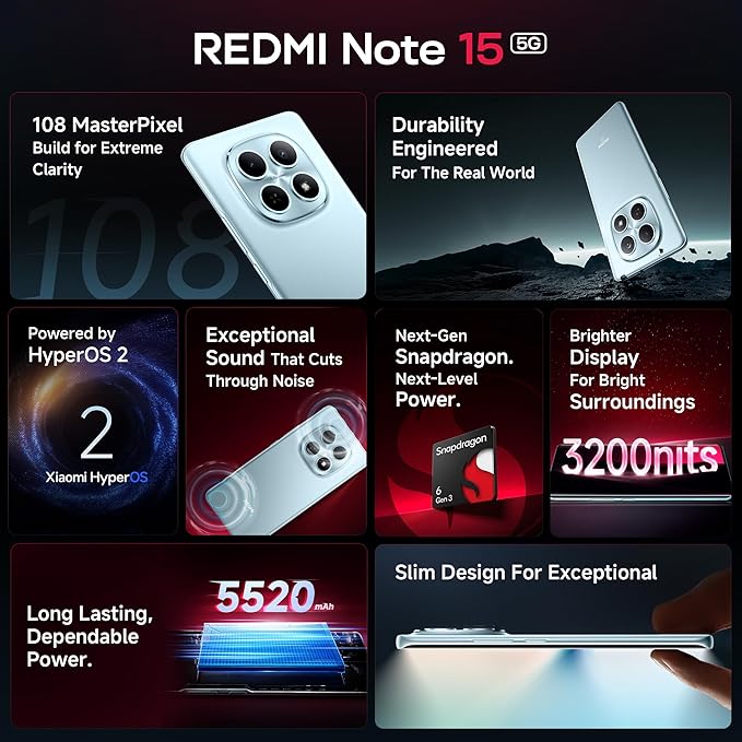 REDMI Note 15 5G (Black, 8GB RAM 128GB Storage) | 108MP OIS Camera | Snapdragon 6 Gen 3 | 17.2cm Tough Curved AMOLED Screen | Segment?s Slimmest Phone | 5520mAh Si/C Battery | 45W Fast Charging
