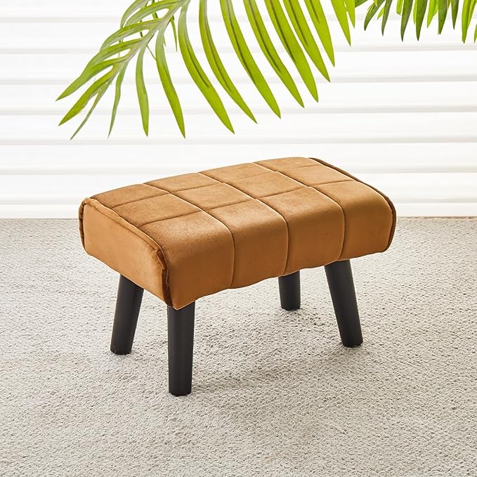 Modern Ottoman Footrest Stool, Quilted Velvet Upholstery, Black Wooden Legs, Living Room Furniture (Brown, Pack of 1, Rectangular)