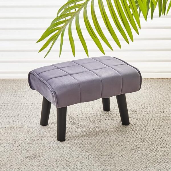 Modern Ottoman Footrest Stool, Quilted Velvet Upholstery, Black Wooden Legs, Living Room Furniture (Grey, Pack of 1, Rectangular)