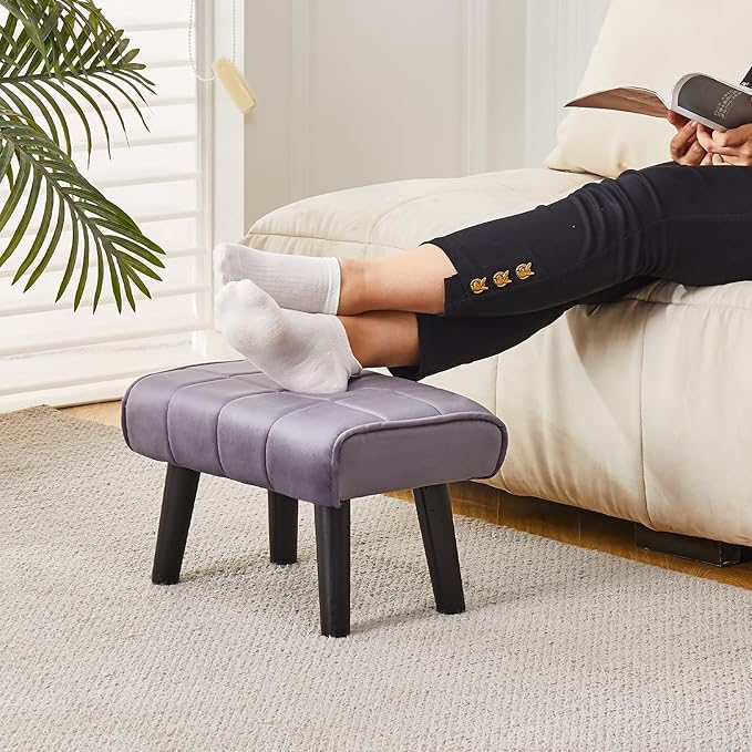 Modern Ottoman Footrest Stool, Quilted Velvet Upholstery, Black Wooden Legs, Living Room Furniture (Grey, Pack of 1, Rectangular)
