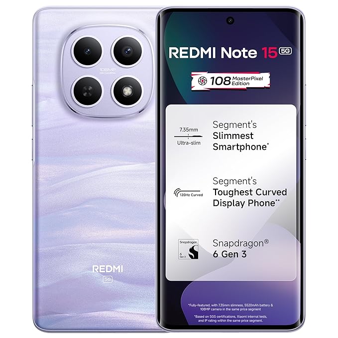 REDMI Note 15 5G (Mist Purple, 8GB RAM 128GB Storage) | 108MP OIS Camera | Snapdragon 6 Gen 3 | 17.2cm Tough Curved AMOLED Screen | Segment?s Slimmest Phone | 5520mAh Si/C Battery | 45W Fast Charging