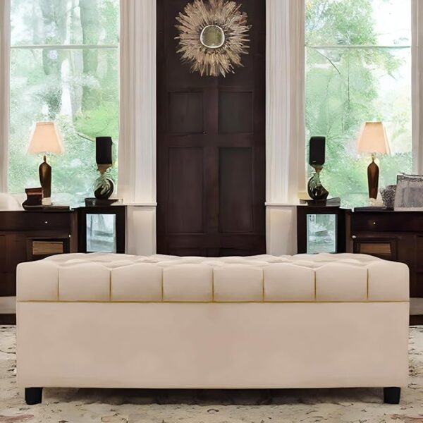 AMATA Eagle Solid Wood 2 Seater Ottoman/pouffe Camel Suede velevt Fabric Perfect for Home Living Office Room and Guests (Cream 3, 2 Seater)