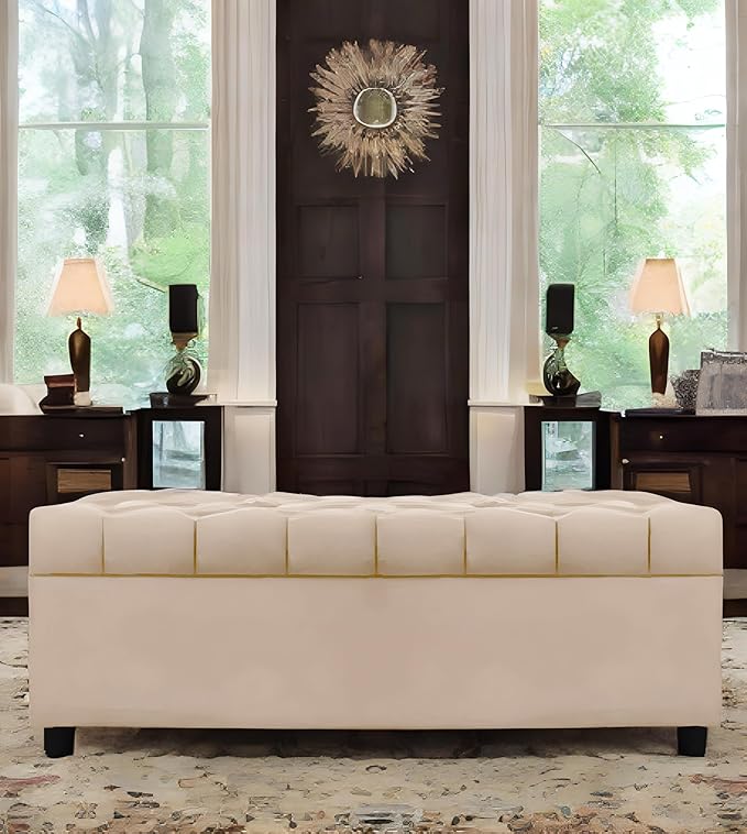 AMATA Eagle Solid Wood 2 Seater Ottoman/pouffe Camel Suede velevt Fabric Perfect for Home Living Office Room and Guests (Cream 3, 2 Seater)