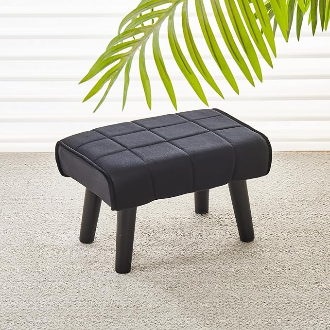 Modern Ottoman Footrest Stool, Quilted Velvet Upholstery, Black Wooden Legs, Living Room Furniture (Black, Pack of 1, Rectangular)