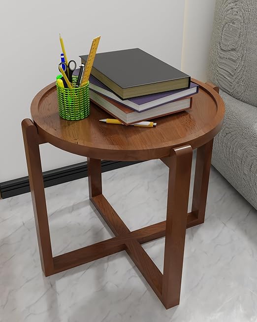 Patio Folding Coffee Table Walnut Finish, Balcony and Garden Table Bistro Side Table, Outdoor Wooden Round Portable End Table Picnic Table for Camping and Dining