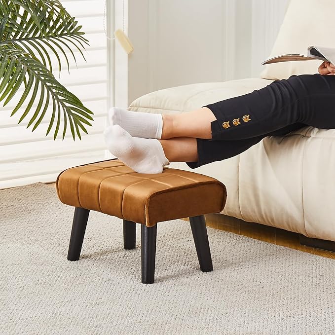 Modern Ottoman Footrest Stool, Quilted Velvet Upholstery, Black Wooden Legs, Living Room Furniture (Brown, Pack of 1, Rectangular)