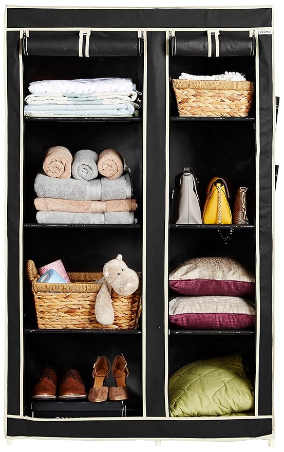 Solimo 2-Door Foldable Wardrobe, 8 Racks, Black, Plastic, 99 x 44 x 162 centimeters