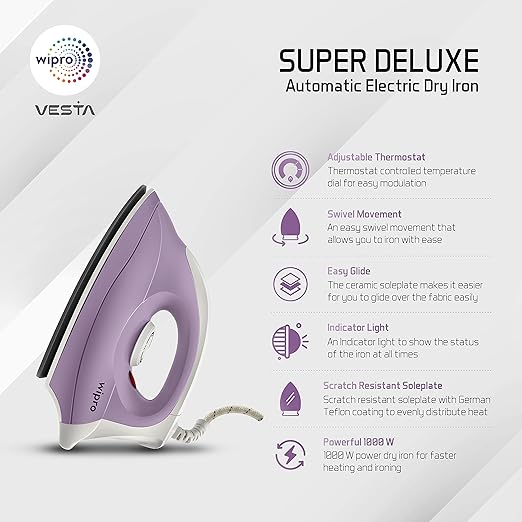 Wipro Gd205 Super Deluxe 1000 Watt Automatic Electric Dry Iron | Large Soleplate | Anti Bacterial German Weilburger Double Coated Soleplate | Quick Heat Up - 1000 Watt, Aluminum