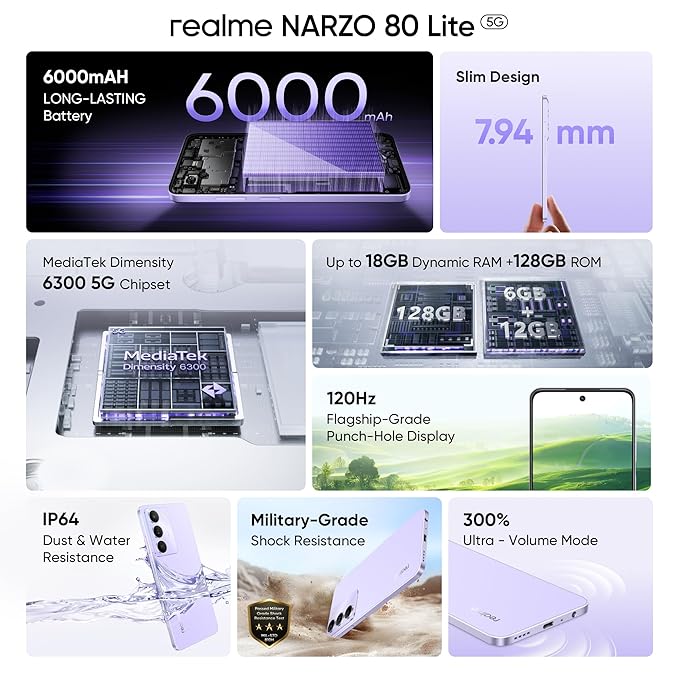 realme NARZO 80 Lite 5G (Crystal Purple, 4GB+128GB) | 6000mAh Long-Lasting Battery | MediaTek Dimensity 6300 5G | AI Assist | IP64 Rated Water & Dust Resistance | Military-Grade Durability
