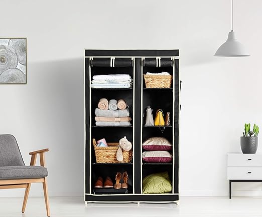 Solimo 2-Door Foldable Wardrobe, 8 Racks, Black, Plastic, 99 x 44 x 162 centimeters