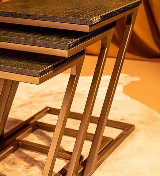 Three Sixty Nesting Coffee Tables for Living Room Decor Small Center Tables Set of 3 | Croco Embossed Leather Top and Gold Z-Frame - Green