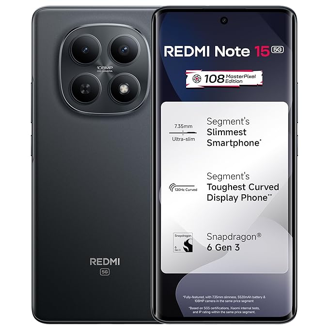 REDMI Note 15 5G (Black, 8GB RAM 128GB Storage) | 108MP OIS Camera | Snapdragon 6 Gen 3 | 17.2cm Tough Curved AMOLED Screen | Segment?s Slimmest Phone | 5520mAh Si/C Battery | 45W Fast Charging