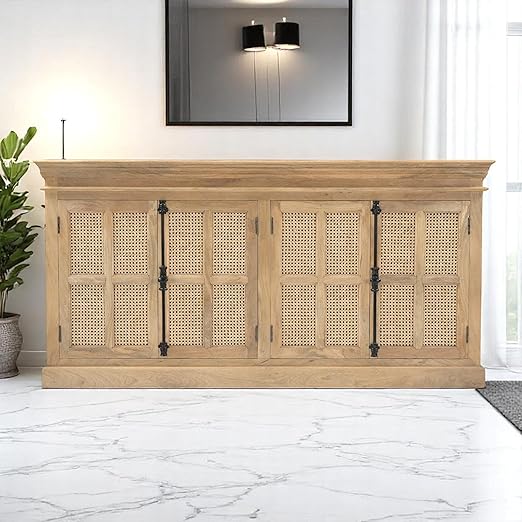 The Attic Oregon Sideboard with Cane, Multipurpose Cabinet for Kitchen and Living Room Storage, Classy Sideboard, Solid Mango Wood, Natural Matte Finish