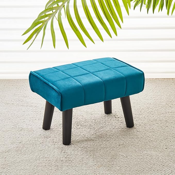 Modern Ottoman Footrest Stool, Quilted Velvet Upholstery, Black Wooden Legs, Living Room Furniture (Blue, Pack of 1, Rectangular)