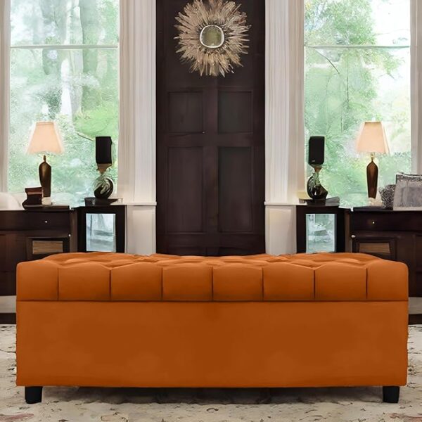 AMATA Eagle Solid Wood 2 Seater Ottoman/pouffe Camel Suede velevt Fabric Perfect for Home Living Office Room and Guests (Orange 3, 2 Seater)