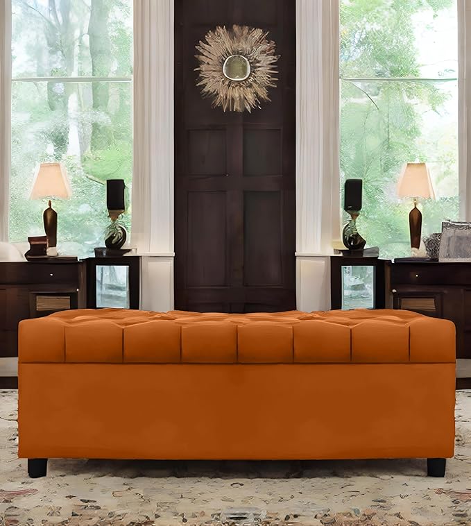 AMATA Eagle Solid Wood 2 Seater Ottoman/pouffe Camel Suede velevt Fabric Perfect for Home Living Office Room and Guests (Orange 3, 2 Seater)
