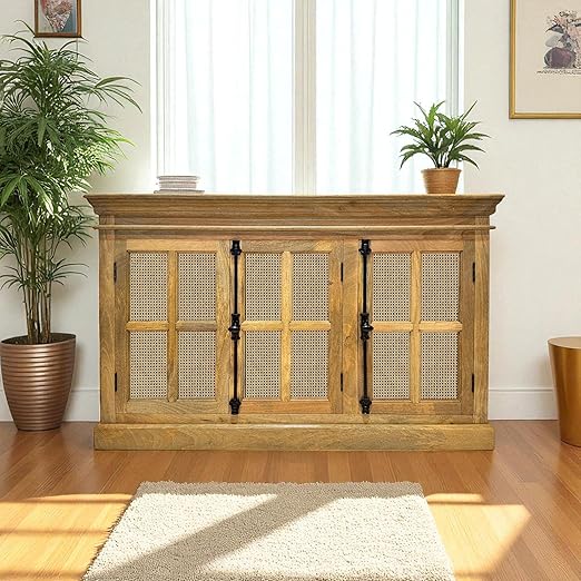 The Attic Oregon 3 Door Sideboard with Cane, Multipurpose Cabinet for Kitchen and Living Room Storage, Classy Sideboard, Solid Mango Wood, Natural Matte Finish