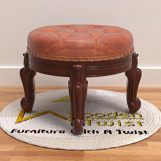 Wooden Twist Hand Carved Teak Wood Footrest Stool Ottoman for Living Room (Design-4)
