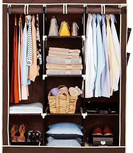 Solimo 3-Door Foldable Wardrobe, 8 Racks, Brown (Plastic, Fabric), 126 x 44 x 162 cm
