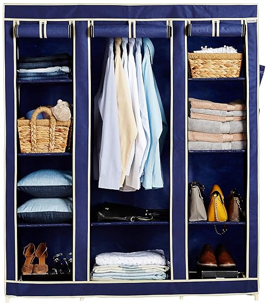 Solimo 3-Door Foldable Wardrobe, 10 Racks, Blue (Plastic, Fabric), 138 x 44 x 162 cm
