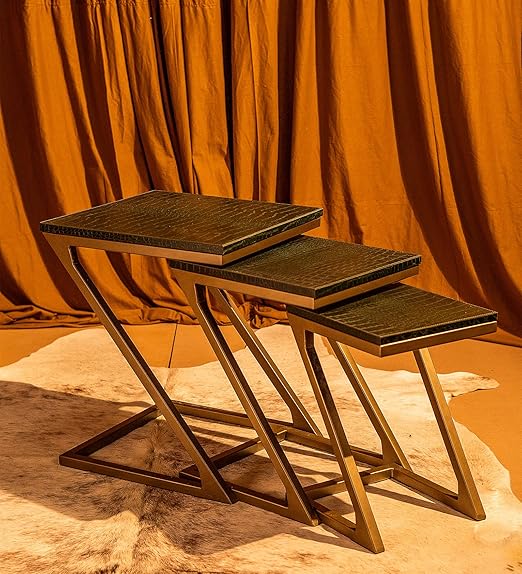 Three Sixty Nesting Coffee Tables for Living Room Decor Small Center Tables Set of 3 | Croco Embossed Leather Top and Gold Z-Frame - Green
