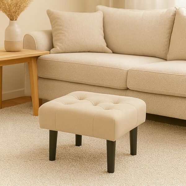 Small Footstool Ottoman, Velvet Soft Footrest Ottoman with Wood Legs? Sofa Footrest Extra Seating for Living Room Entryway Office - Cream
