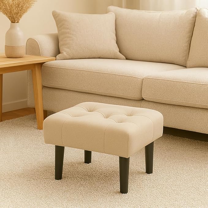 Small Footstool Ottoman, Velvet Soft Footrest Ottoman with Wood Legs? Sofa Footrest Extra Seating for Living Room Entryway Office - Cream