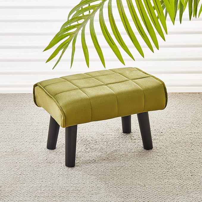 Modern Ottoman Footrest Stool, Quilted Velvet Upholstery, Black Wooden Legs, Living Room Furniture (Green, Pack of 1, Rectangular)