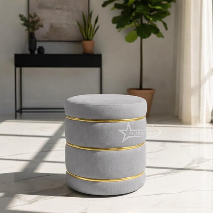 Wooden Puffy Round Footstool and Ottoman Stool for Living Room Furnishings, Sitting Pouffe Ottoman Stool, Office Stool, and Room Decor Grey