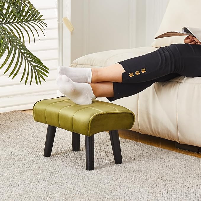 Modern Ottoman Footrest Stool, Quilted Velvet Upholstery, Black Wooden Legs, Living Room Furniture (Green, Pack of 1, Rectangular)