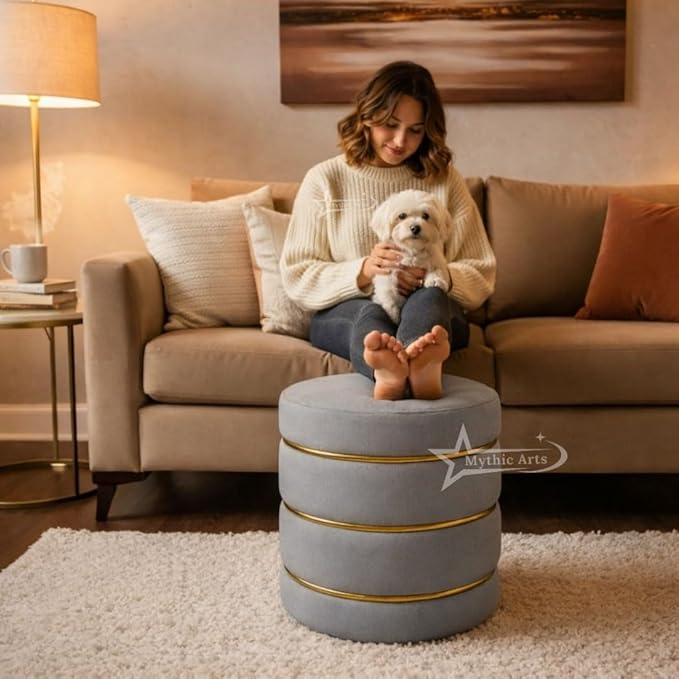 Wooden Puffy Round Footstool and Ottoman Stool for Living Room Furnishings, Sitting Pouffe Ottoman Stool, Office Stool, and Room Decor Grey