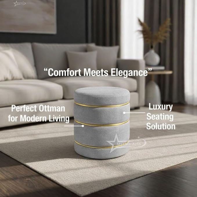 Wooden Puffy Round Footstool and Ottoman Stool for Living Room Furnishings, Sitting Pouffe Ottoman Stool, Office Stool, and Room Decor Grey