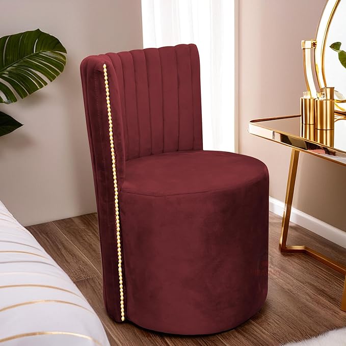 Luxury Velvet Ottoman Chair Pouffe Stool | Modern Round Soft-Padded Seating with Backrest for Living Room, Dining Room, Bedroom, Cafeteria & Dressing Area | Elegant Upholstered Chair (Maroon)