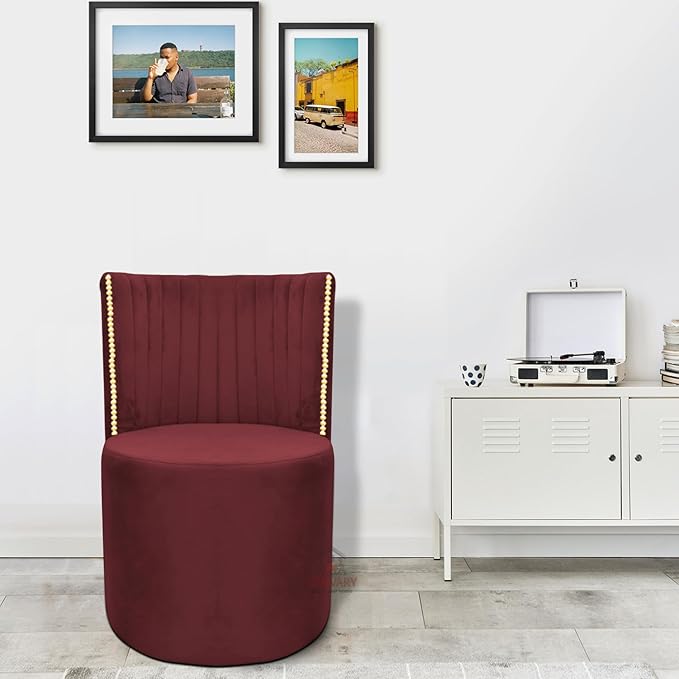 Luxury Velvet Ottoman Chair Pouffe Stool | Modern Round Soft-Padded Seating with Backrest for Living Room, Dining Room, Bedroom, Cafeteria & Dressing Area | Elegant Upholstered Chair (Maroon)