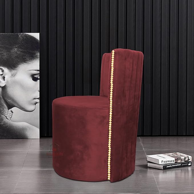 Luxury Velvet Ottoman Chair Pouffe Stool | Modern Round Soft-Padded Seating with Backrest for Living Room, Dining Room, Bedroom, Cafeteria & Dressing Area | Elegant Upholstered Chair (Maroon)