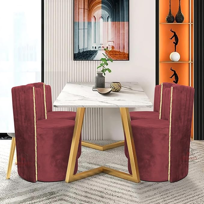 Luxury Velvet Ottoman Chair Pouffe Stool | Modern Round Soft-Padded Seating with Backrest for Living Room, Dining Room, Bedroom, Cafeteria & Dressing Area | Elegant Upholstered Chair (Maroon)