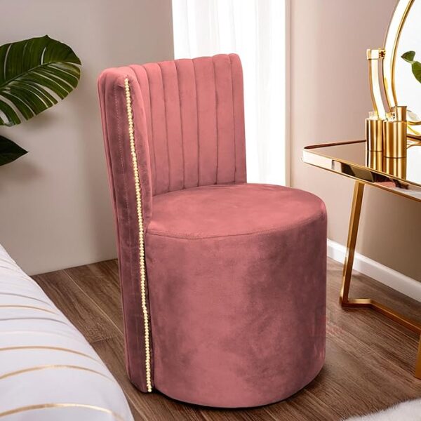 Luxury Velvet Ottoman Chair Pouffe Stool | Modern Round Soft-Padded Seating with Backrest for Living Room, Dining Room, Bedroom, Cafeteria & Dressing Area | Elegant Upholstered Chair (Pink)