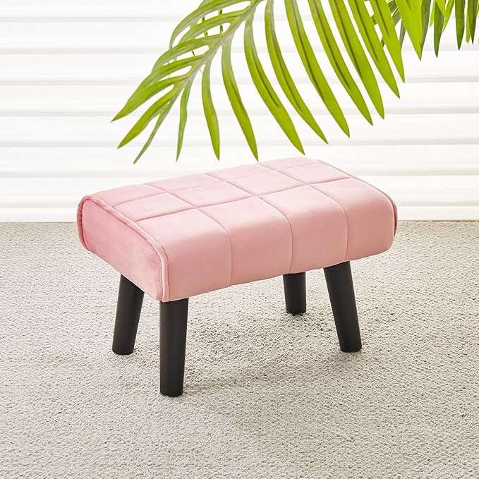Modern Ottoman Footrest Stool, Quilted Velvet Upholstery, Black Wooden Legs, Living Room Furniture (Pink, Pack of 1, Rectangular)