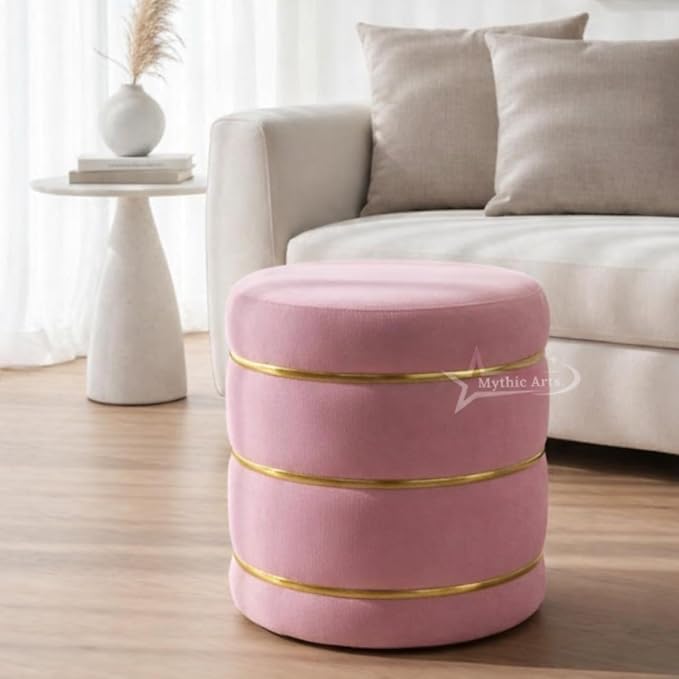 Wooden Puffy Round Footstool and Ottoman Stool for Living Room Furnishings, Sitting Pouffe Ottoman Stool, Office Stool, and Room Decor (Pink)