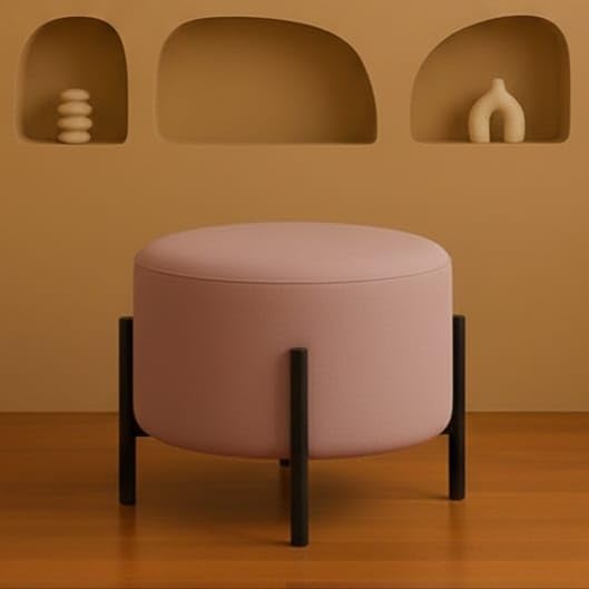 Jaico Modern Round Ottoman Footstool | Pink Upholstered Pouf with Black Metal Legs, Minimalist Accent Stool for Living Room or Bedroom
