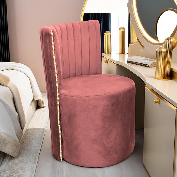 Luxury Velvet Ottoman Chair Pouffe Stool | Modern Round Soft-Padded Seating with Backrest for Living Room, Dining Room, Bedroom, Cafeteria & Dressing Area | Elegant Upholstered Chair (Pink)