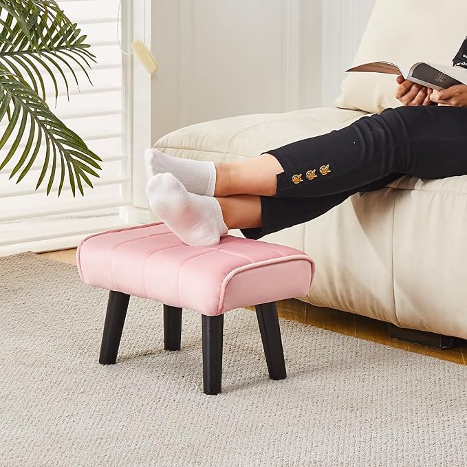 Modern Ottoman Footrest Stool, Quilted Velvet Upholstery, Black Wooden Legs, Living Room Furniture (Pink, Pack of 1, Rectangular)