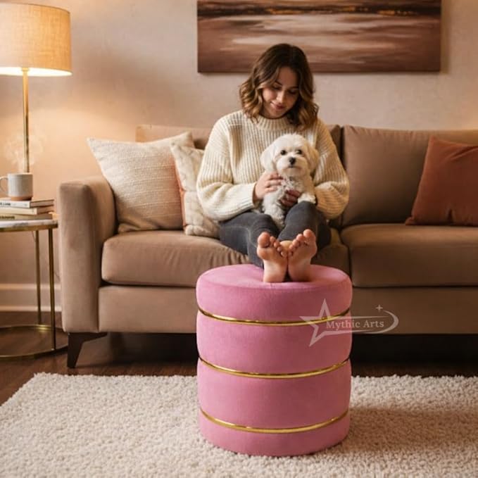 Wooden Puffy Round Footstool and Ottoman Stool for Living Room Furnishings, Sitting Pouffe Ottoman Stool, Office Stool, and Room Decor (Pink)