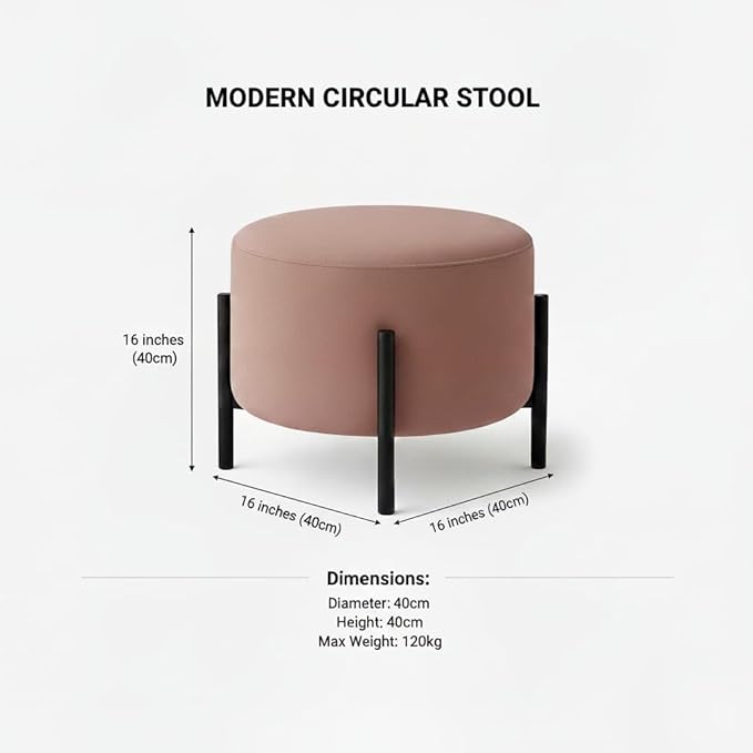 Jaico Modern Round Ottoman Footstool | Pink Upholstered Pouf with Black Metal Legs, Minimalist Accent Stool for Living Room or Bedroom